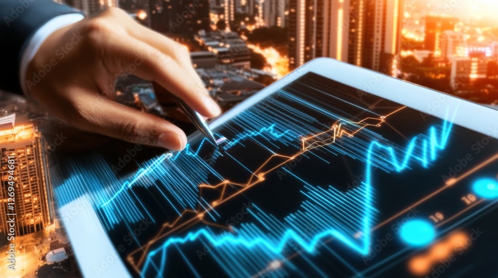 Poster analyzing market trends urban setting data visualization digital environment close-up viewpoint busi