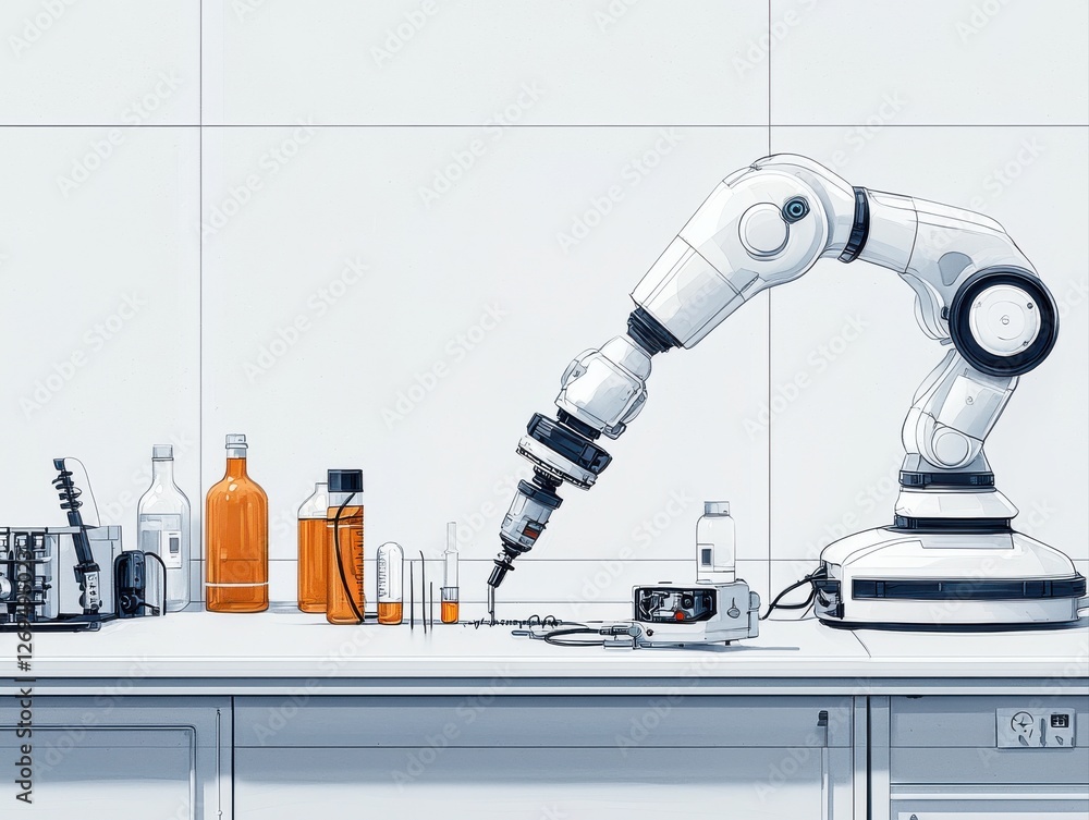 Poster a robotic arm is shown in a lab setting, interacting with various bottles and lab equipment, symboli
