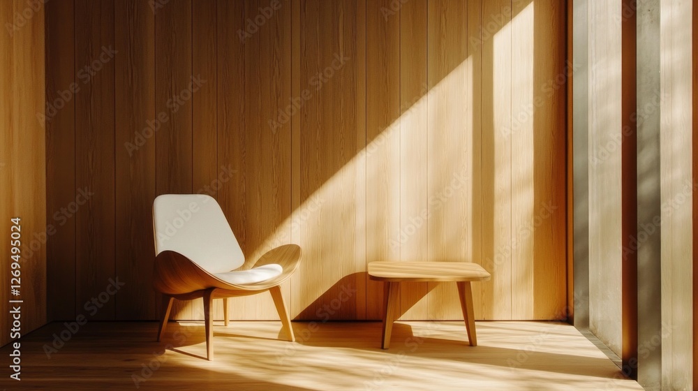 Poster soft sunlight streams through large windows, illuminating a cozy nook featuring a sleek wooden chair