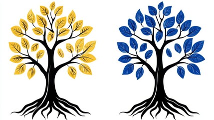 Stylized illustration of two trees with contrasting colors one with gold leaves and another with blue leaves. Both trees share a thick, dark root