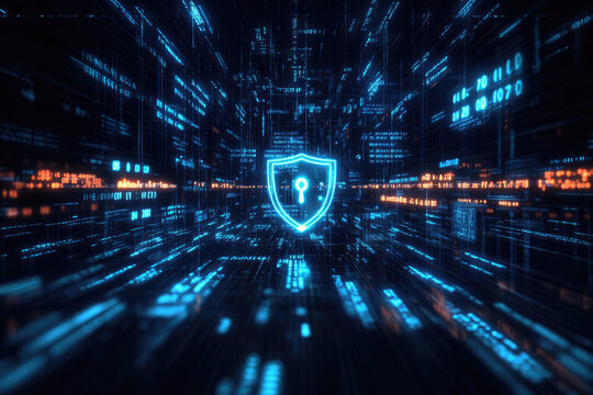 Floating layers of binary code encryption interface a digital security visualization in a futuristic environment