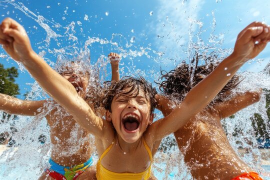 Capture the joy of family jumping into a swimming pool, creating fun-filled weekend memories that last a lifetime Witness the exhilarating water splashes as children and adults alike plunge into