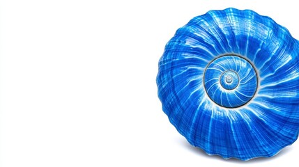 Obraz premium Close up view of a vibrant blue spiral shell against a plain white background. The shell exhibits detailed, textured surface with a captivating