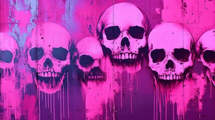 Street Art Featuring Skull Motifs, Urban Location, Graphic Design, Concrete Environment, Neon Highlights, Modern Concept