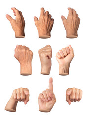 Elderly female hand in various expressive gestures, including pointing, gripping, reaching, and...