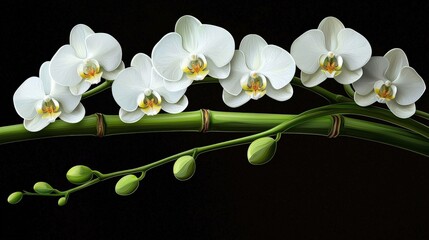 Delicate White Orchids on Green Bamboo Stalks Against Black Background