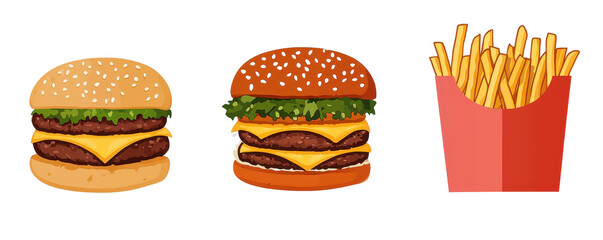 Crispy burgers with cheese and fries in red container, top view