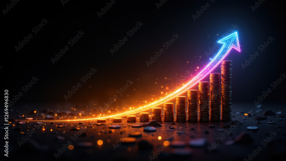 Poster image depicts a vertical stack of coins with an upward-pointing arrow, symbolizing financial growth 