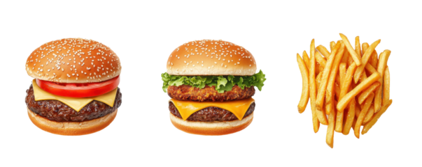 Crispy burgers with cheese, lettuce, tomato, and fries on transparency background