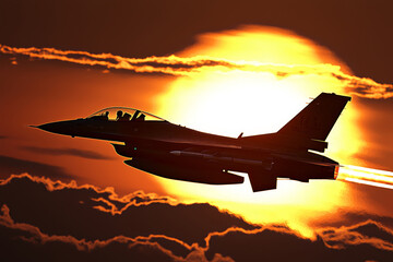F 16 fighting falcon flying at sunset with afterburner on