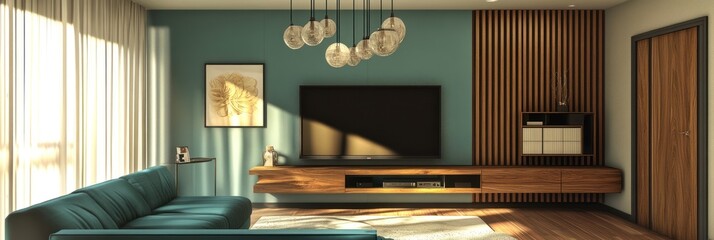 Modern Living Room Interior Design With Teal Walls