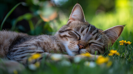 Joyful slumber of a cat on National Napping Day amidst vibrant blossoms and green grass