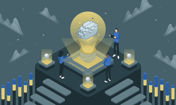 Brainstorming concept. Isometric illustration of business idea with brain in a bulb. With teamwork becoming the foundation for a successful startup.