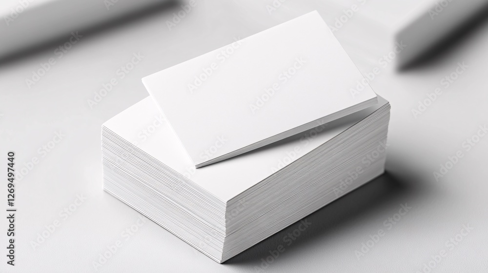 Poster pile of empty business cards rests on a white table, with more business cards visible in the backgro