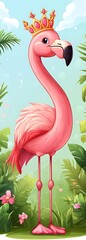 Elegant Flamingo Queen With Golden Crown In Lush Tropical Scene Standing Tall In The Jungle
