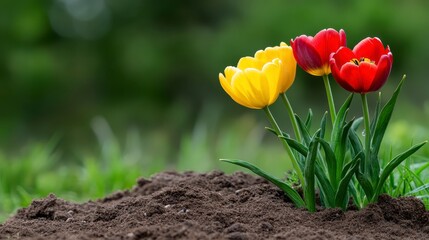 Three vibrant tulips, yellow and red, emerge from dark soil against a blurred green background. Sunlight illuminates the petals, showcasing their