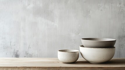 Stacked ceramic bowls on wooden surface against textured wall.