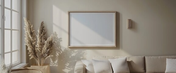 Cozy living room with neutral walls, a light sofa, and an empty frame isolated