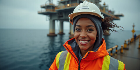 Smiling Female Offshore Worker in Safety Gear on Ocean Platform with Copy Space