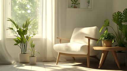 Sunlit living room with armchair, plants, and side table.