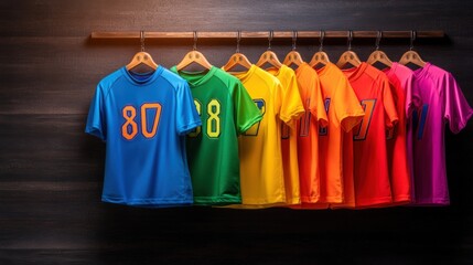 Row of colorful soccer jerseys with bold numbers hanging on a wooden wall for display or decoration