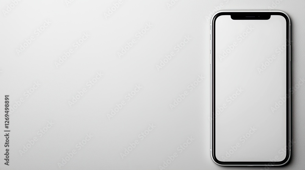 Poster a sleek smartphone with a blank screen rests on a smooth, light-colored surface, emphasizing its mod