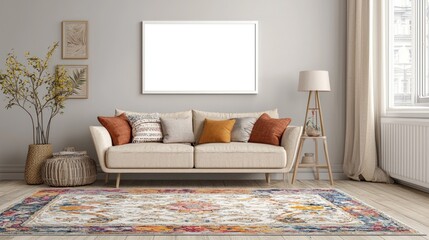 Cozy living room with light furniture, a rug, and an empty white frame isolated