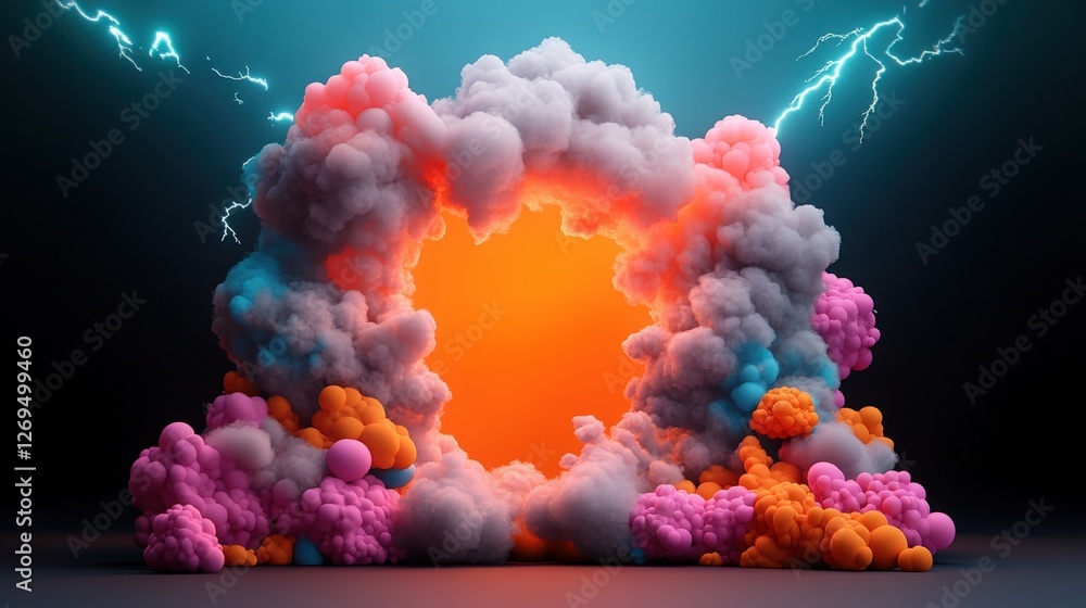 Poster abstract pop art background in pink and orange colors with cloud and thunder elements