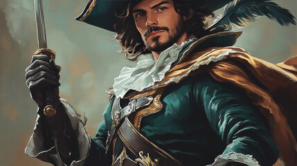 Musketeer holding sword, portrait of brave swordsman
