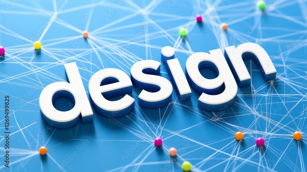 Poster white 3d word design on a blue background with a network of lines and colorful dots. clean, modern d