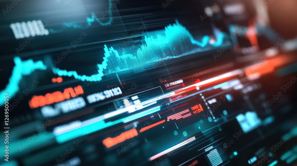 Poster analyzing financial trends digital workspace data visualization modern technology high-tech environm