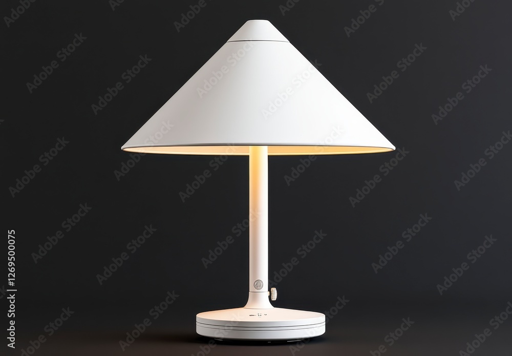 Poster white conical table lamp with a circular base, illuminated against a dark background. the lamp emits