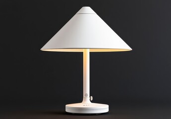 Obraz premium White conical table lamp with a circular base, illuminated against a dark background. The lamp emits a soft, warm light. Minimalist design
