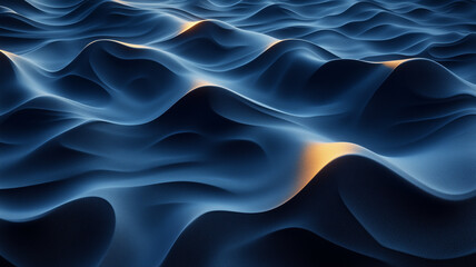 Fototapeta premium serene abstract representation of flowing waves in deep blue tones, illuminated by soft golden highlights, creating tranquil and mesmerizing visual effect