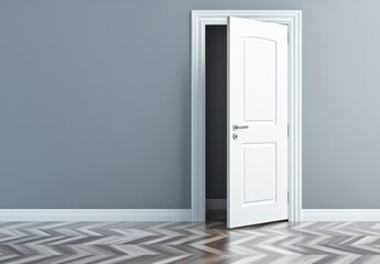 A slightly ajar white door against a gray wall, hardwood floor with herringbone pattern. The image evokes a sense of mystery and anticipation