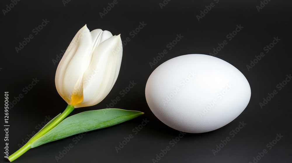 Poster close up view of a single white flower and a white egg against a dark background. the image is simpl