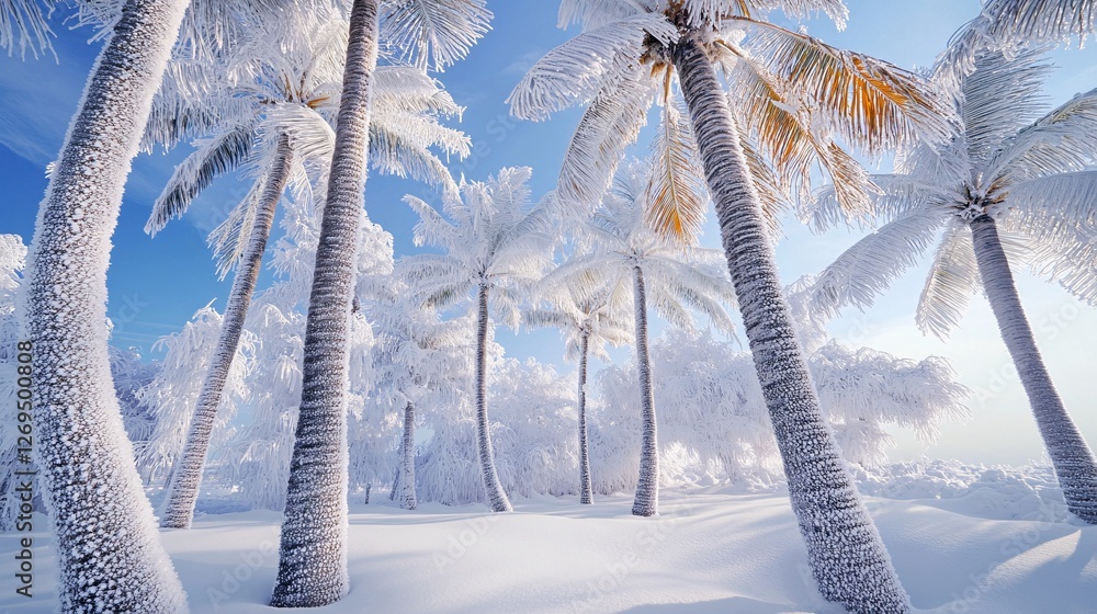 Poster palm trees covered in snow create an enchanting winter scene under a clear blue sky