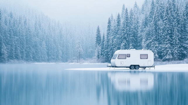 Winter serenity with caravan on a frozen lake in a snow covered forest