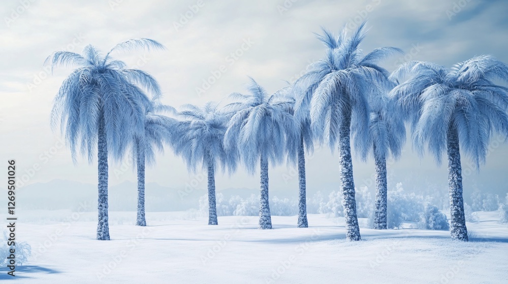 Aufkleber winter minimalism: a row of snow-covered palm trees in a frozen desert setting