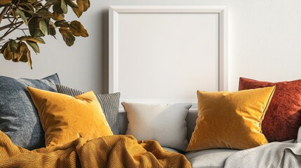 Cozy lounge with soft cushions, throw blankets, and a blank white frame isolated