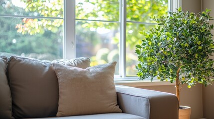Cozy sofa by a large window with small indoor plant on the side