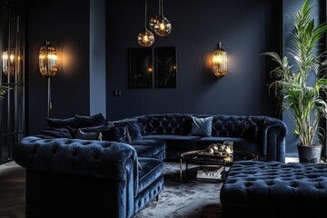 Dramatic dark-themed living room with deep navy walls, velvet sofas, and moody lighting