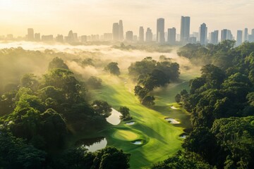 Aerial View of a Lush Green Golf Course with a City Skyline at Sunrise