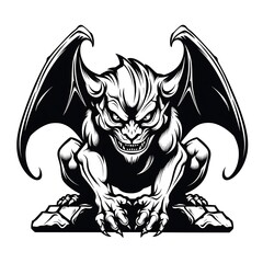 Fierce Gargoyle Creature With Spiked Wings Perched On Stone Ledge Black And White Illustration