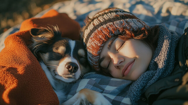 National Napping Day celebration in a serene park, cozy with a dog and warm blankets under a sunlit sky