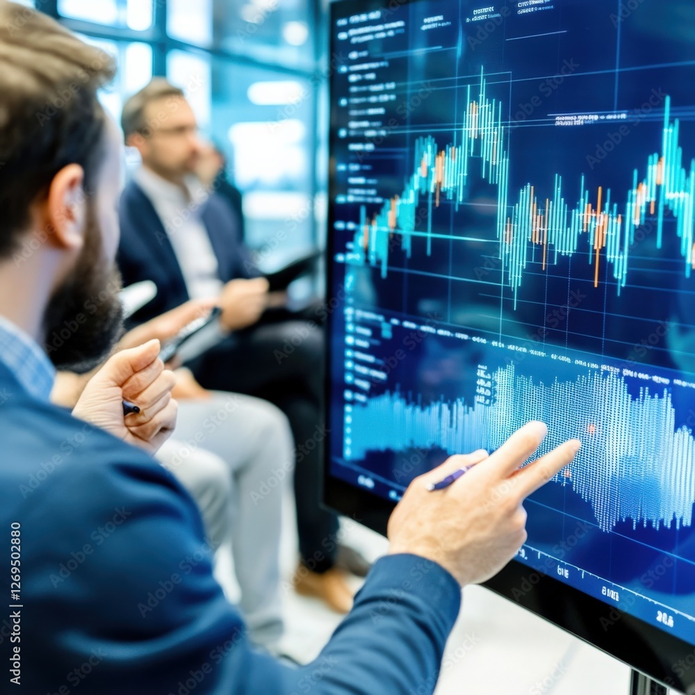 Poster analyzing financial data office setting digital display corporate environment close-up view business
