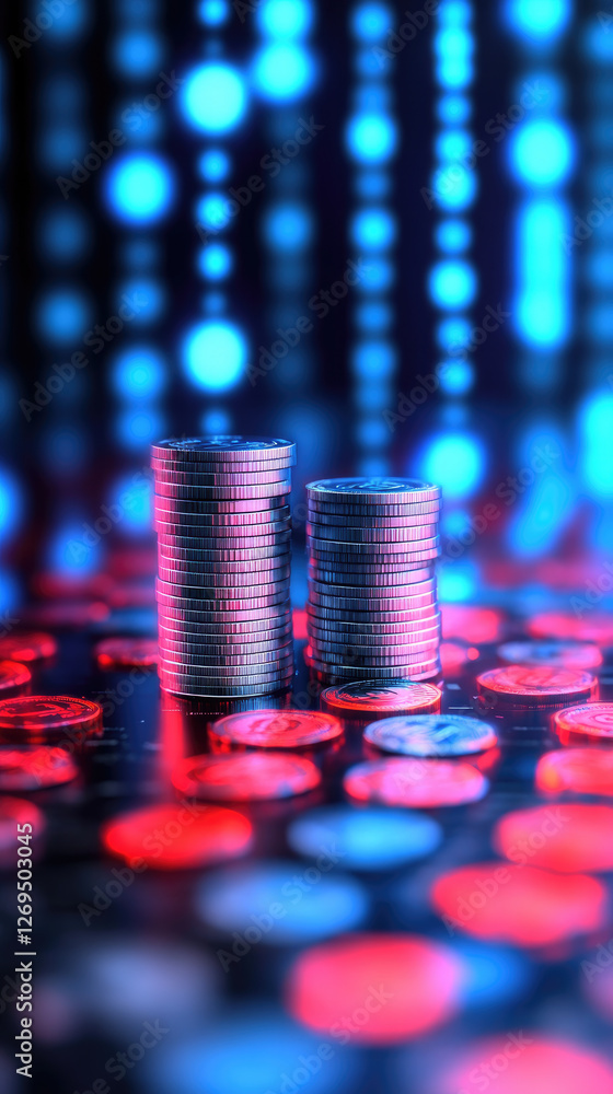 Aufkleber dynamic revenue transactions flowing through currency symbols and coin stacks in a glowing business 