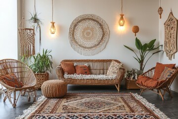 Earthy-toned bohemian living space with rattan furniture, woven rugs, and warm lighting