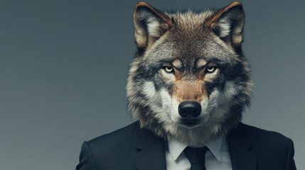 Wolf-headed businessman, serious expression, grey background, corporate concept