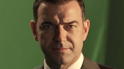 Focused Man Glares Intensely Against a Solid Green Background in a Close-up Shot